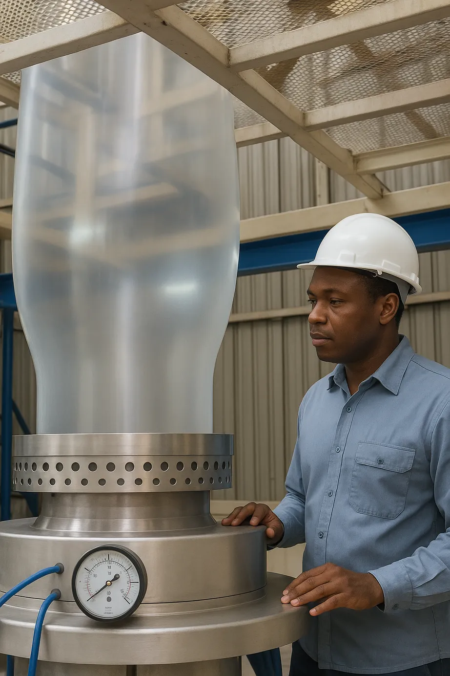 Technician beside the bubble of a blown film extrusion tower