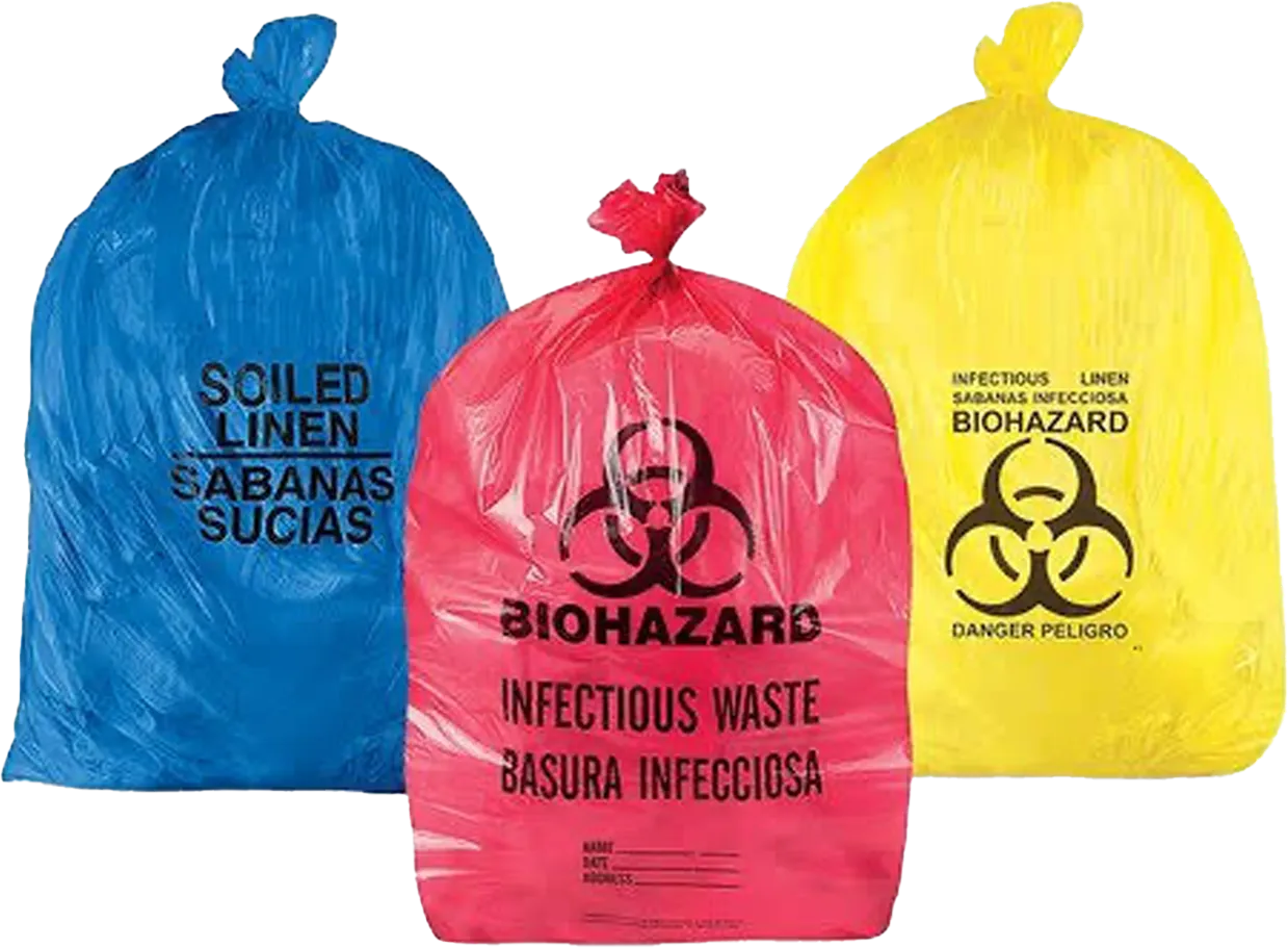 Colour-coded blue, red and yellow hospital waste bags