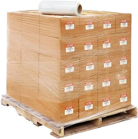A pallet of cartons wrapped tight in clear stretch film