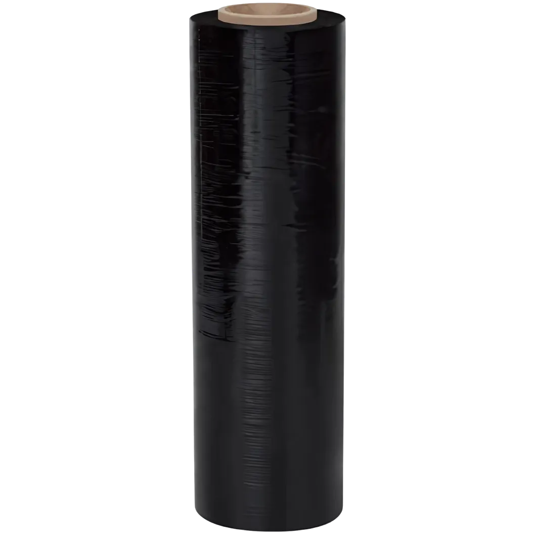A tall roll of black stretch film