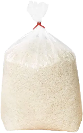 A clear bag filled with white sugar, tied at the top